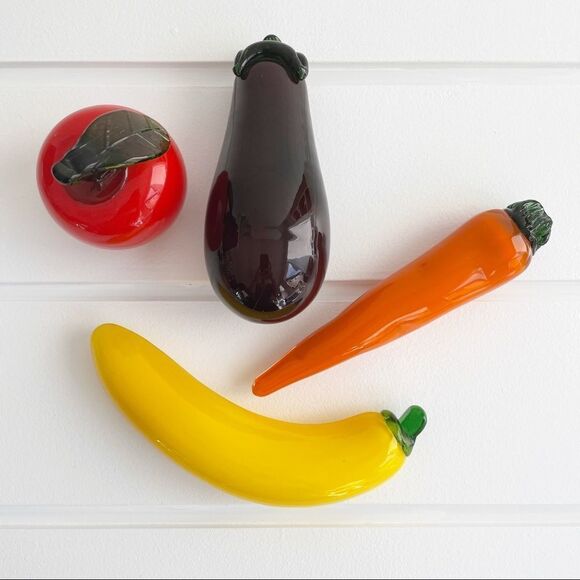 Set of Vintage Murano Blown Glass Fruit & Veggie Apple, Banana, Eggplant, Carrot - Picture 2 of 10